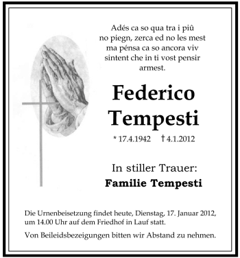 Traueranzeige von Federico Tempesti von Pegnitz-Zeitung
